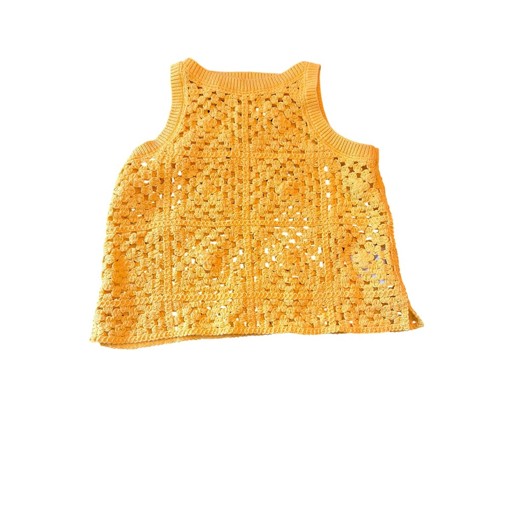 Crewcuts Tank Top Yellow Crochet Granny Square Boho‎ Sleeveless Knit S 6-7